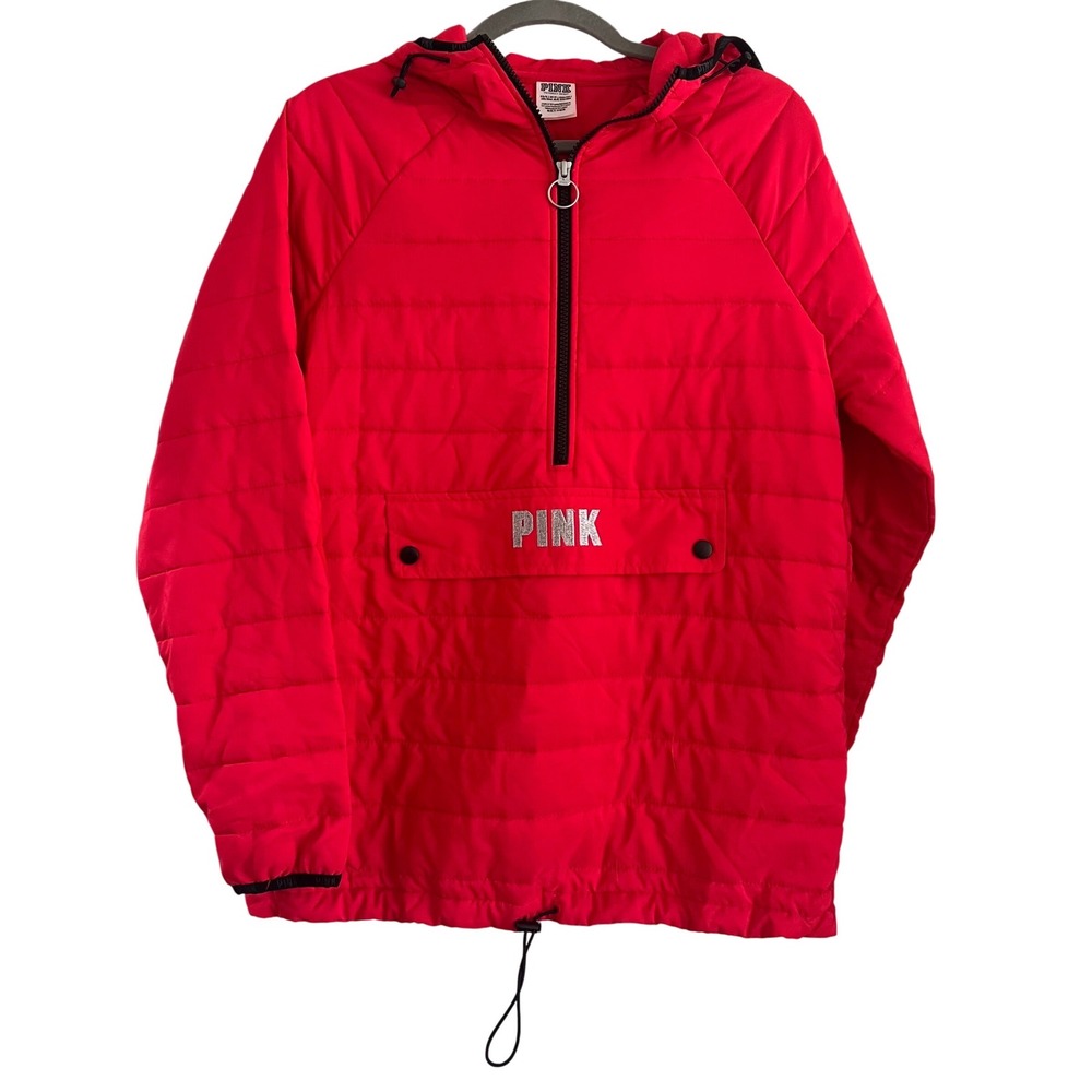 PINK‎ Victoria's Secret Red Quilted Puffer Anorak Half Zip Hooded Jacket XS